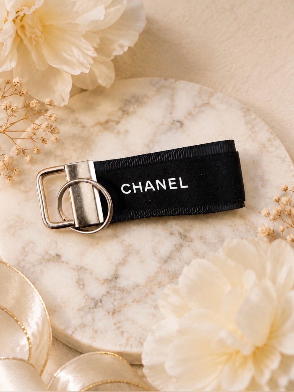 CHANEL Black Ribbon Keyring with Silver Hardware